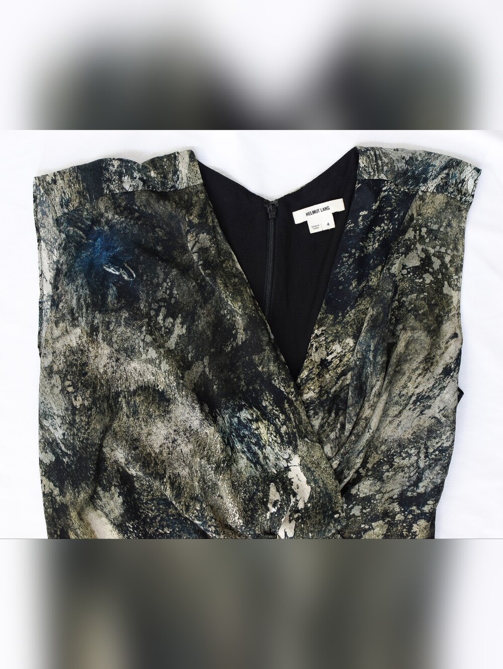Helmut Lang Silk Twist Front Printed Abstract Dress Sz 4 Raven Print Sateen - Picture 3 of 12